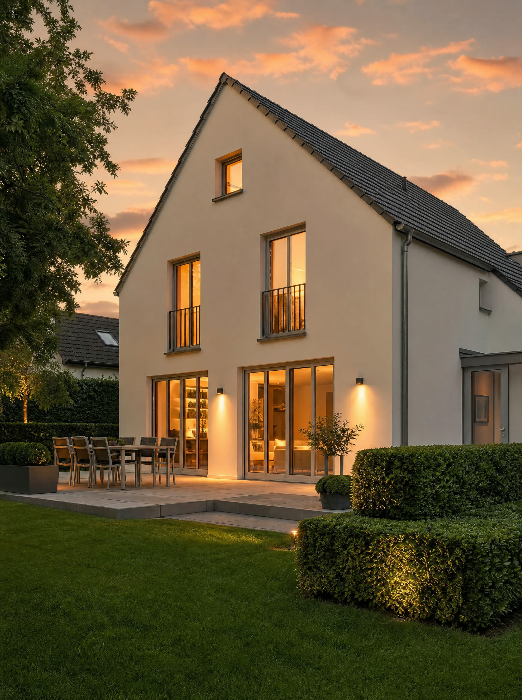 Frisch gestrichene Hausfassade im Abendlicht